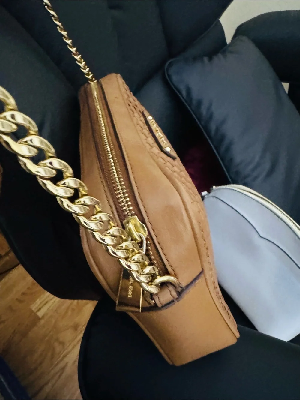 Michael Kors Tan Woven Leather Crossbody with Gold Chain